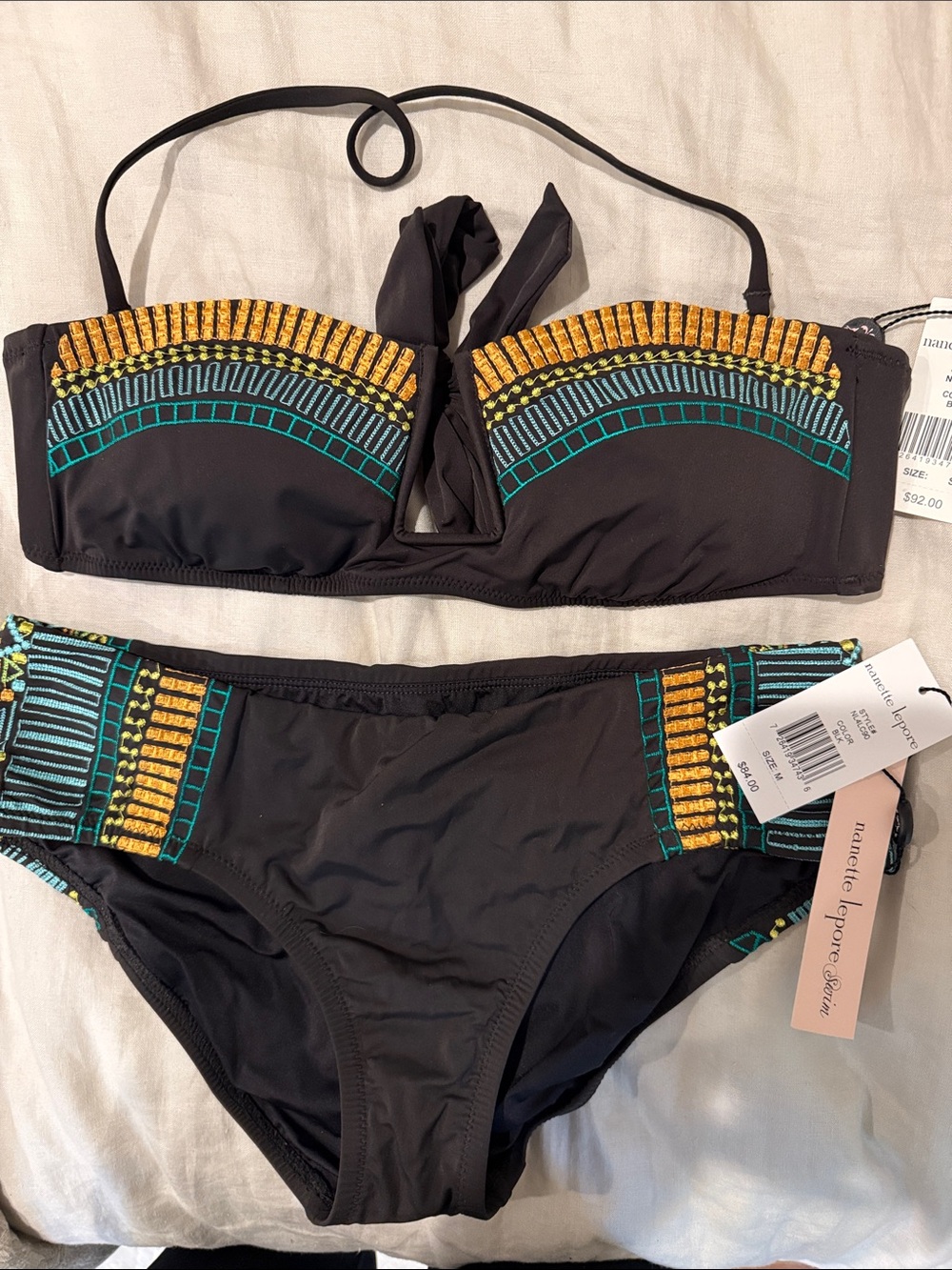 Nanette Lepore Black Bikini with Gold and Teal Embroidery